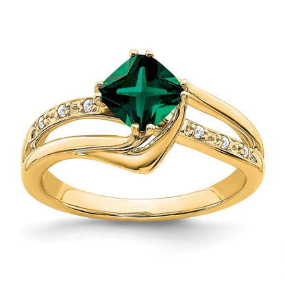 14K Gelbgold Ring mit synthetischem Smaragd und echten Diamanten