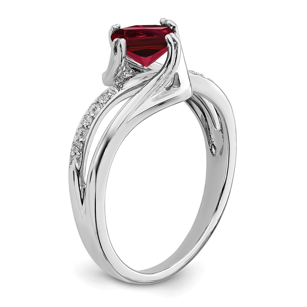14K Weißgold Ring mit synthetischem Rubin und echtem Diamant