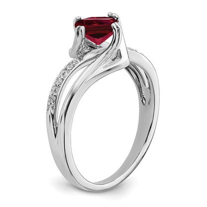 14K Weißgold Ring mit synthetischem Rubin und echtem Diamant