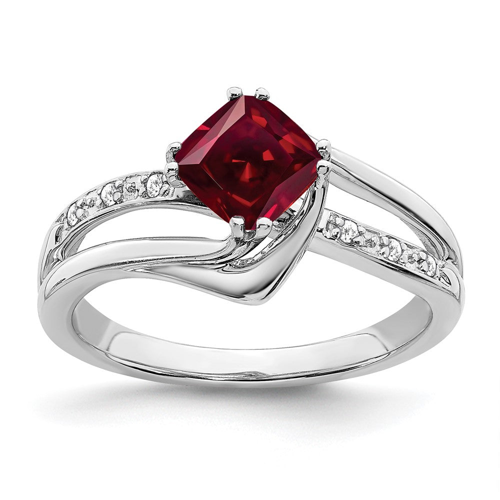14K Weißgold Ring mit synthetischem Rubin und echtem Diamant