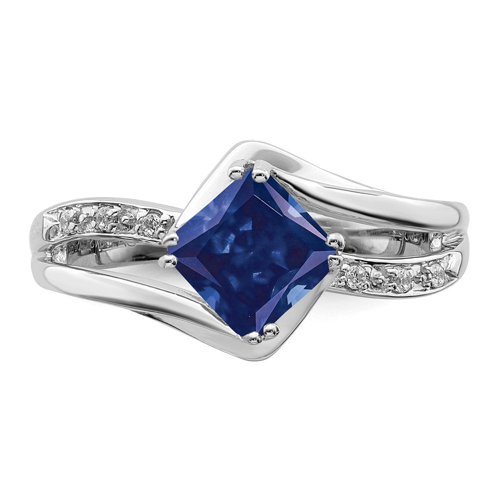 14K Weißgold Ring mit synthetischem Saphir und echten Diamanten