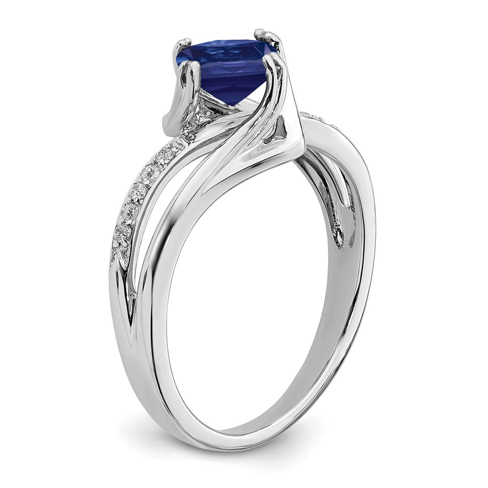 14K Weißgold Ring mit synthetischem Saphir und echten Diamanten