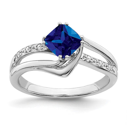14K Weißgold Ring mit synthetischem Saphir und echten Diamanten