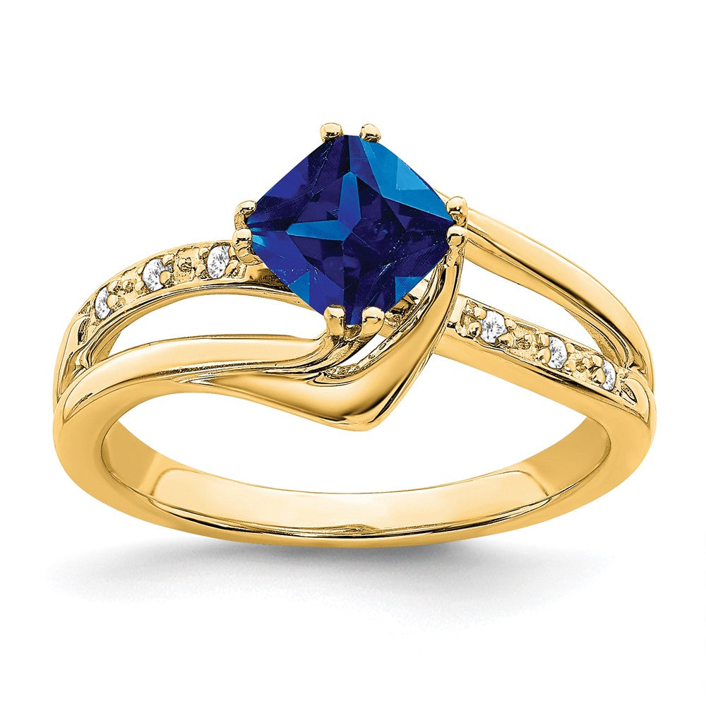 14K Gelbgold Ring mit synthetischem Saphir und echtem Diamant