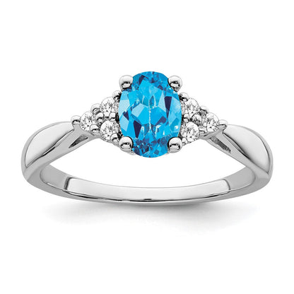 14K Weißgold Ring mit Blautopas und echten Diamanten