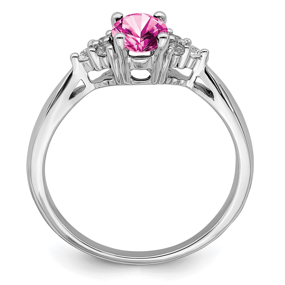 14K Weißgold Ring mit synthetischem Pink-Saphir und echten Diamanten
