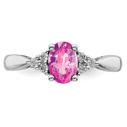 14K Weißgold Ring mit synthetischem Pink-Saphir und echten Diamanten