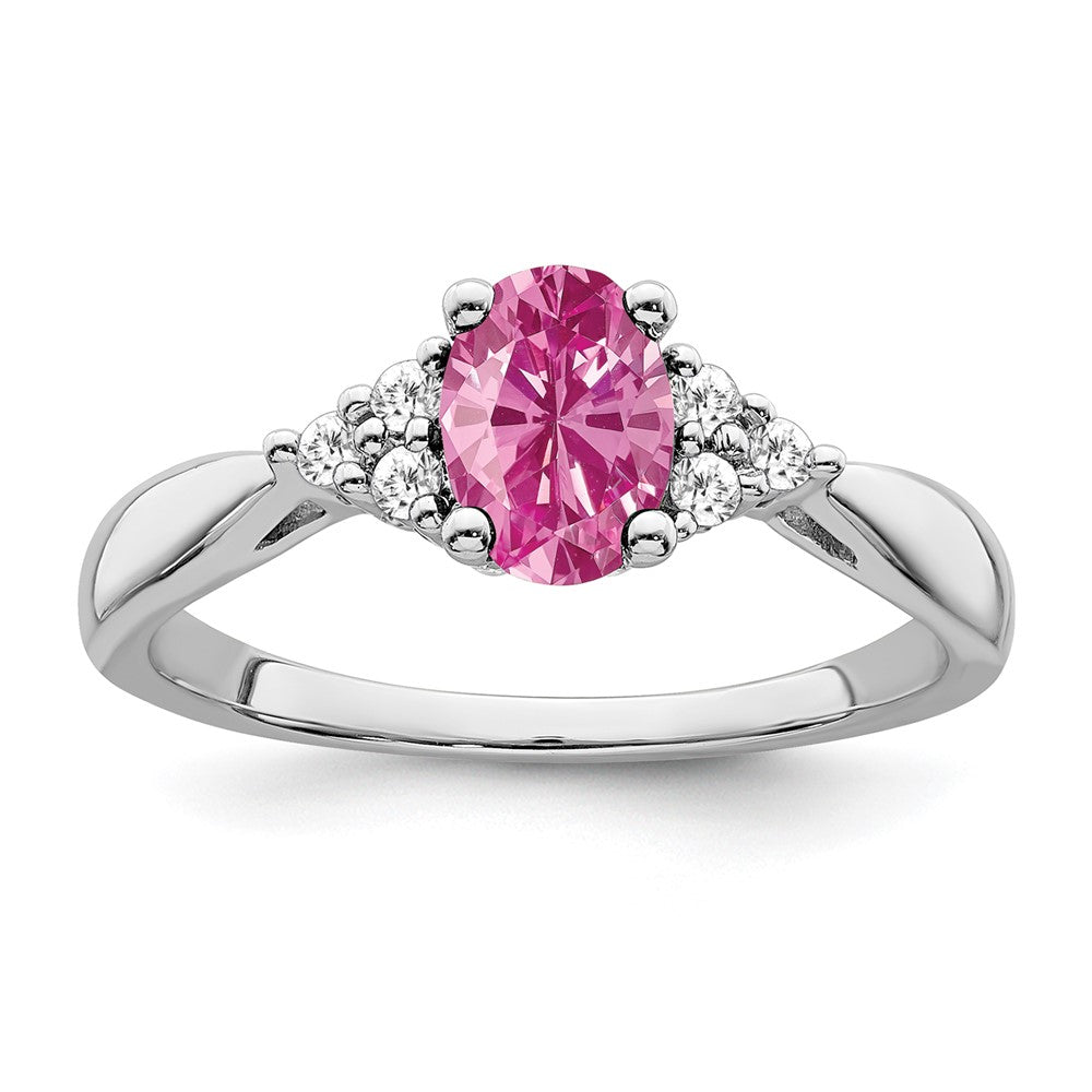 14K Weißgold Ring mit synthetischem Pink-Saphir und echten Diamanten