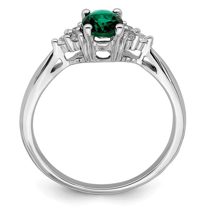 14K Weißgold Ring mit gezüchtetem Smaragd und echten Diamanten