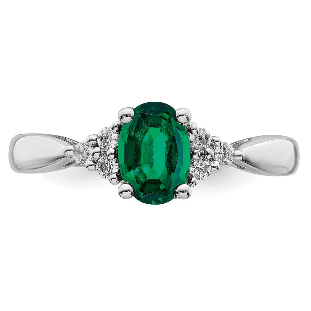 14K Weißgold Ring mit gezüchtetem Smaragd und echten Diamanten