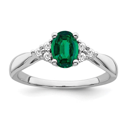 14K Weißgold Ring mit gezüchtetem Smaragd und echten Diamanten