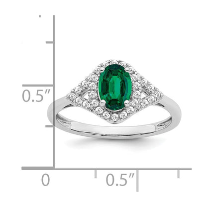 14K Weißgold Ring mit ovalem synthetischem Smaragd und echten Diamanten