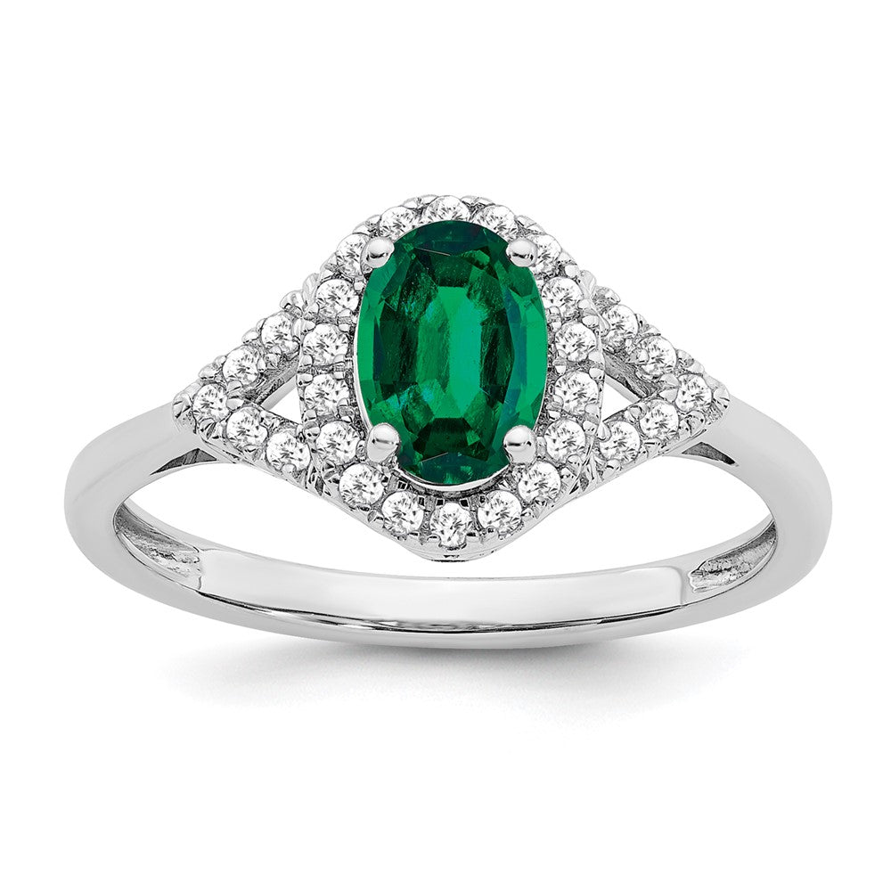 14K Weißgold Ring mit ovalem synthetischem Smaragd und echten Diamanten