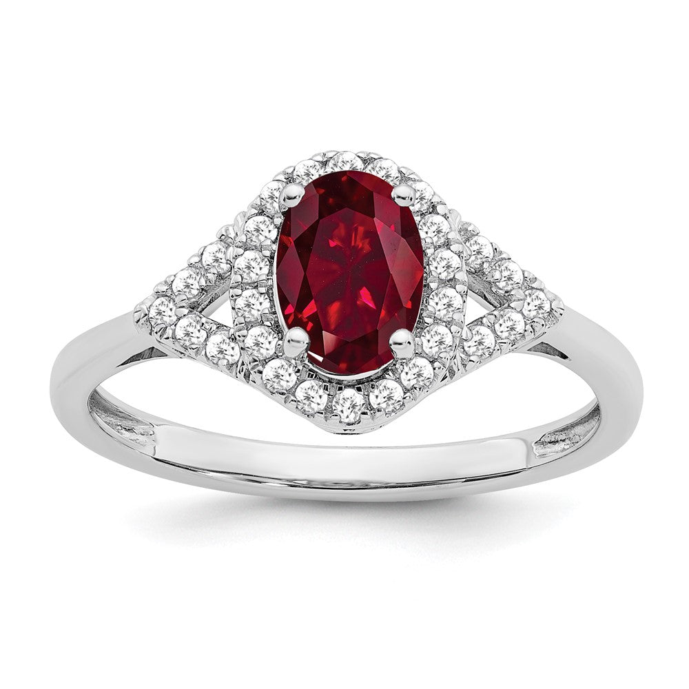 14K Weißgold Ring mit ovalem synthetischem Rubin und echten Diamanten