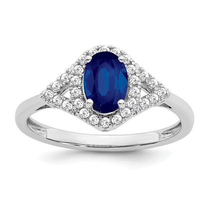 14K Weißgold Ring mit ovalem synthetischem Saphir und echten Diamanten