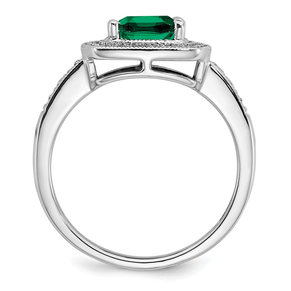 14K Weißgold Ring mit Halo, kissenförmigem synthetischem Smaragd und echten Diamanten