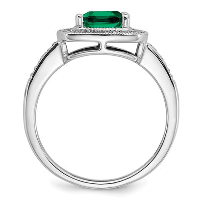 14K Weißgold Ring mit Halo, kissenförmigem synthetischem Smaragd und echten Diamanten