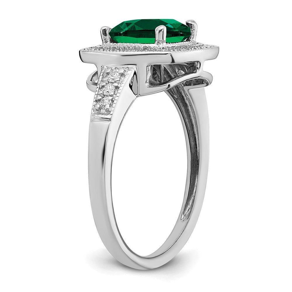 14K Weißgold Ring mit Halo, kissenförmigem synthetischem Smaragd und echten Diamanten