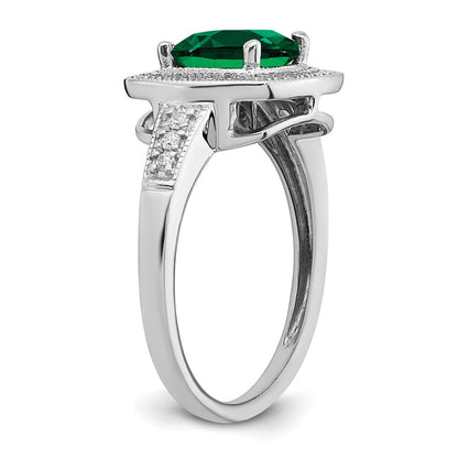 14K Weißgold Ring mit Halo, kissenförmigem synthetischem Smaragd und echten Diamanten