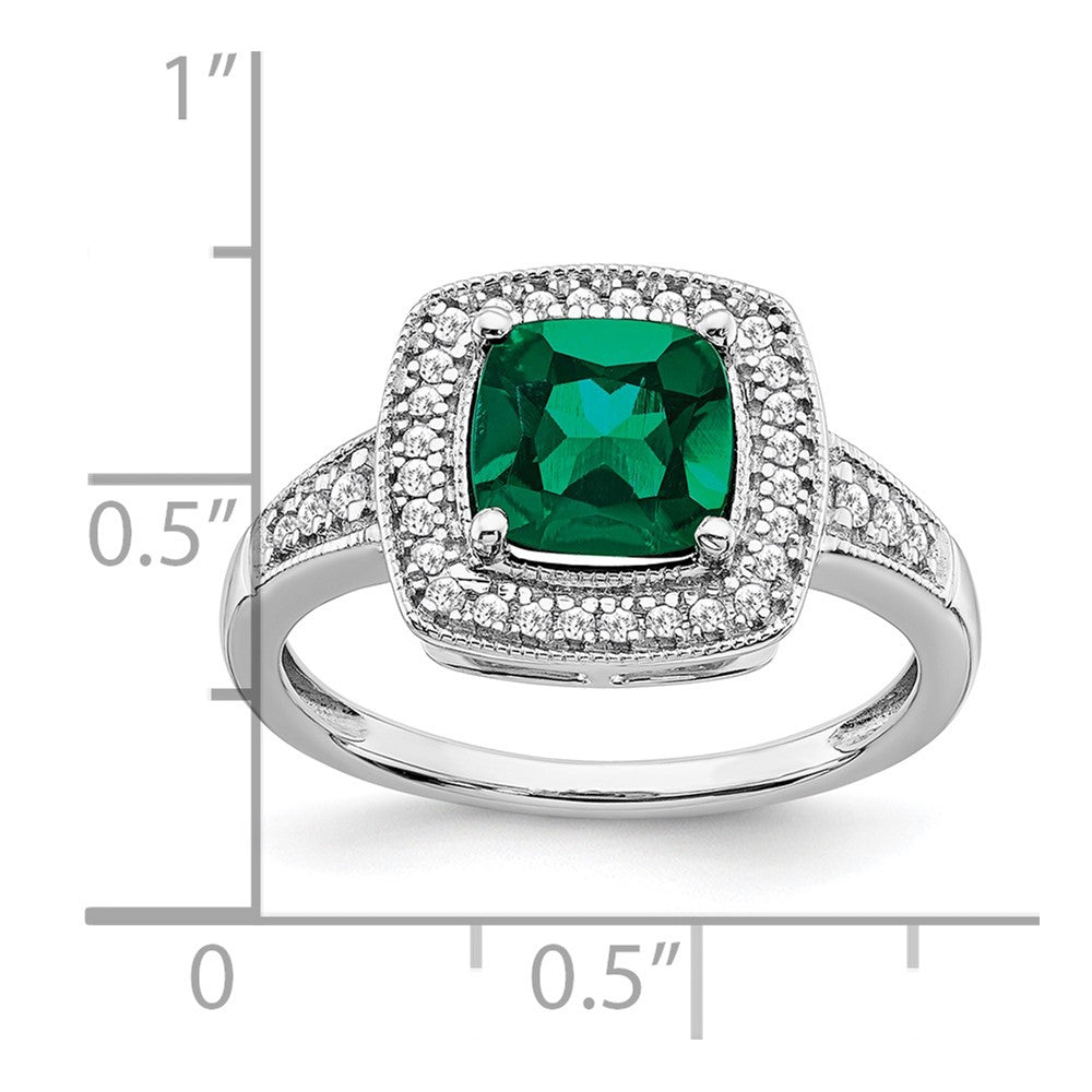 14K Weißgold Ring mit Halo, kissenförmigem synthetischem Smaragd und echten Diamanten