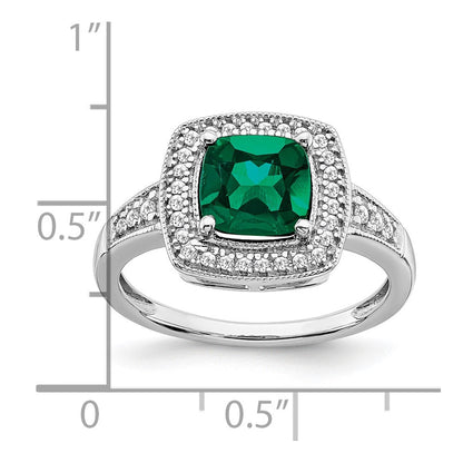14K Weißgold Ring mit Halo, kissenförmigem synthetischem Smaragd und echten Diamanten