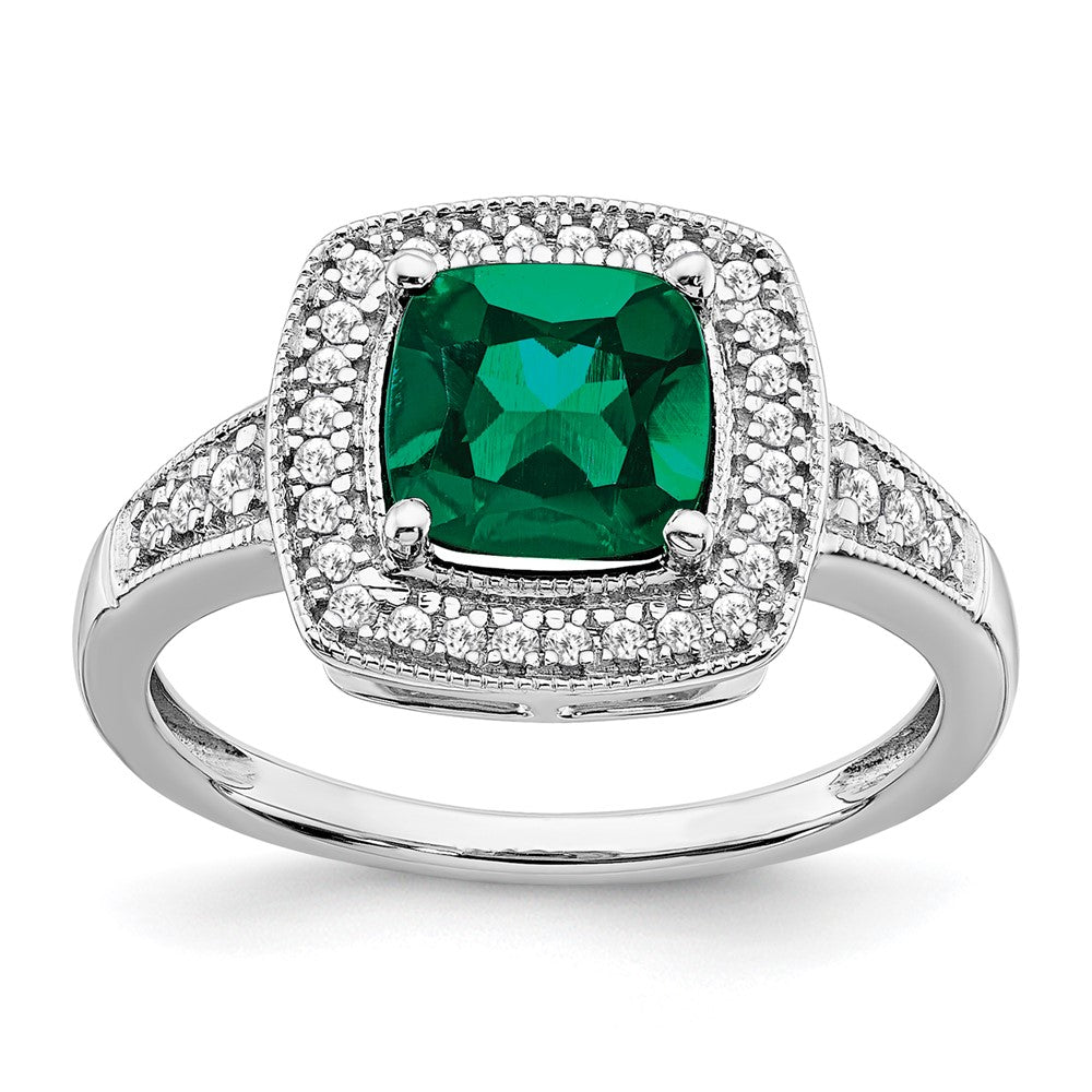 14K Weißgold Ring mit Halo, kissenförmigem synthetischem Smaragd und echten Diamanten