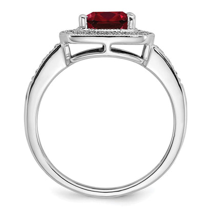 14K Weißgold Ring mit Kissenschliff-Rubin (synthetisch) und echten Diamanten in Halo-Fassung