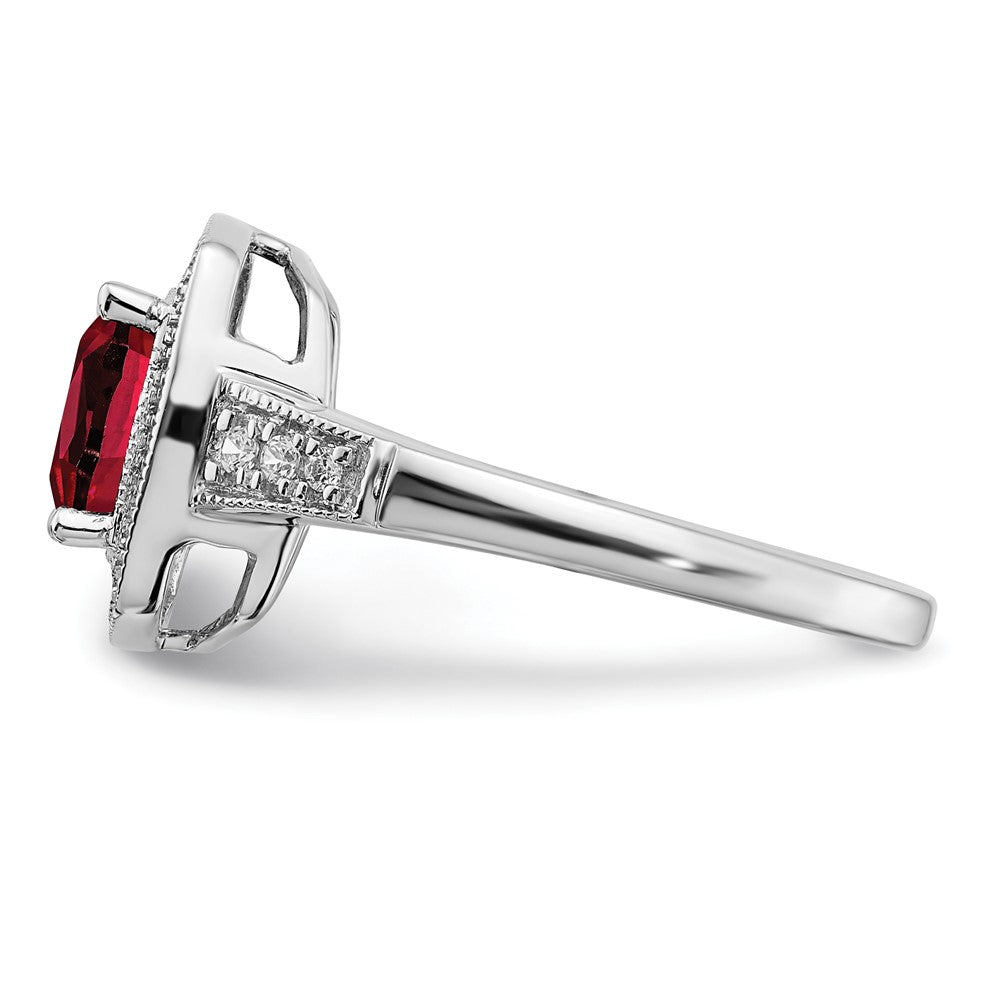 14K Weißgold Ring mit Kissenschliff-Rubin (synthetisch) und echten Diamanten in Halo-Fassung