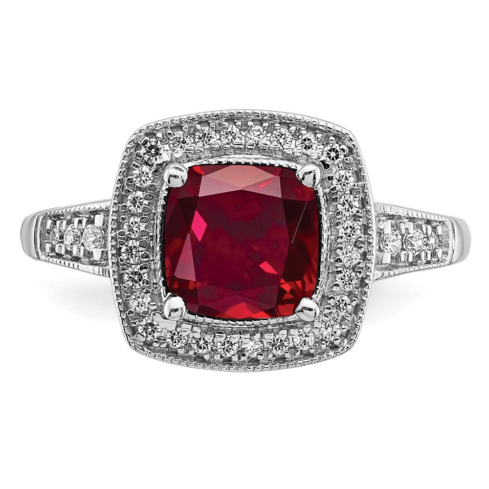 14K Weißgold Ring mit Kissenschliff-Rubin (synthetisch) und echten Diamanten in Halo-Fassung