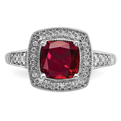 14K Weißgold Ring mit Kissenschliff-Rubin (synthetisch) und echten Diamanten in Halo-Fassung