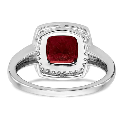 14K Weißgold Ring mit Kissenschliff-Rubin (synthetisch) und echten Diamanten in Halo-Fassung