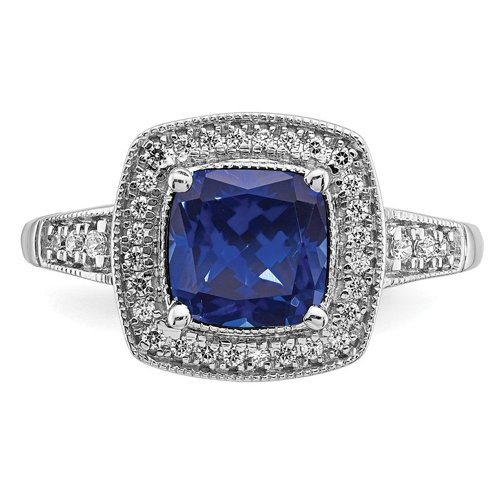 14K Weißgold Ring mit Kissenschliff-Zuchtsaphir und echten Diamanten im Halo-Design
