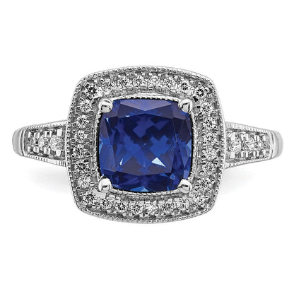 14K Weißgold Ring mit Kissenschliff-Zuchtsaphir und echten Diamanten im Halo-Design