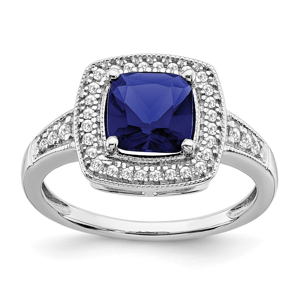 14K Weißgold Ring mit Kissenschliff-Zuchtsaphir und echten Diamanten im Halo-Design