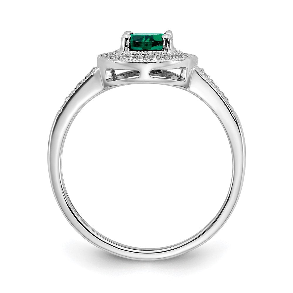 14K Weißgold Ring mit ovalem synthetischem Smaragd und echten Diamanten in Halo-Fassung