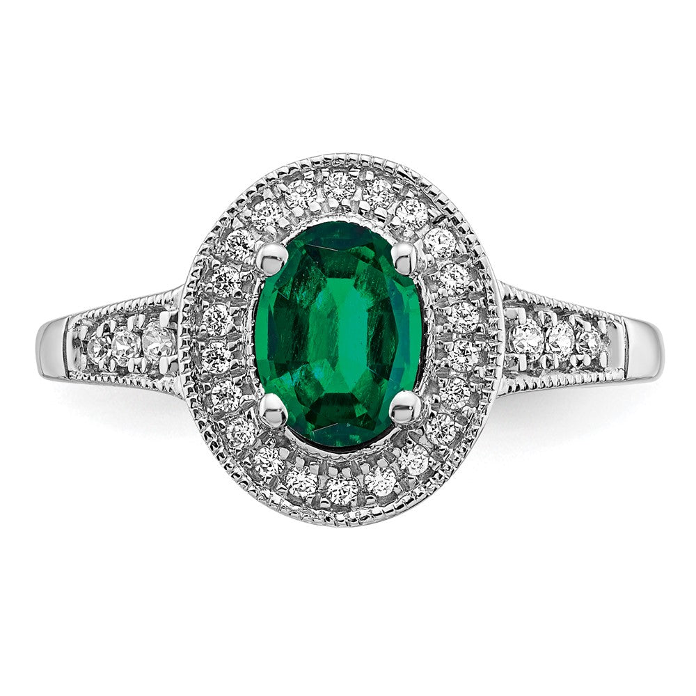 14K Weißgold Ring mit ovalem synthetischem Smaragd und echten Diamanten in Halo-Fassung
