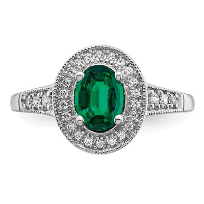 14K Weißgold Ring mit ovalem synthetischem Smaragd und echten Diamanten in Halo-Fassung