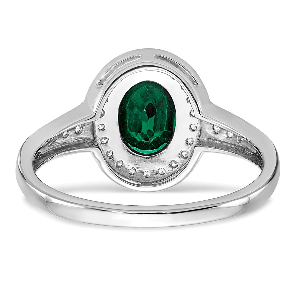 14K Weißgold Ring mit ovalem synthetischem Smaragd und echten Diamanten in Halo-Fassung