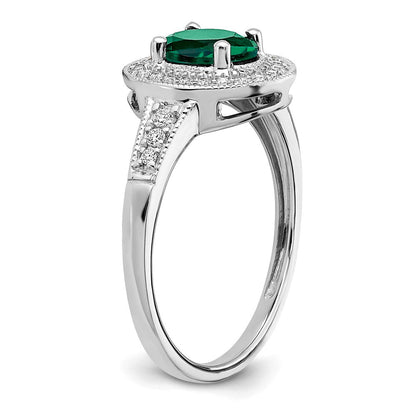 14K Weißgold Ring mit ovalem synthetischem Smaragd und echten Diamanten in Halo-Fassung