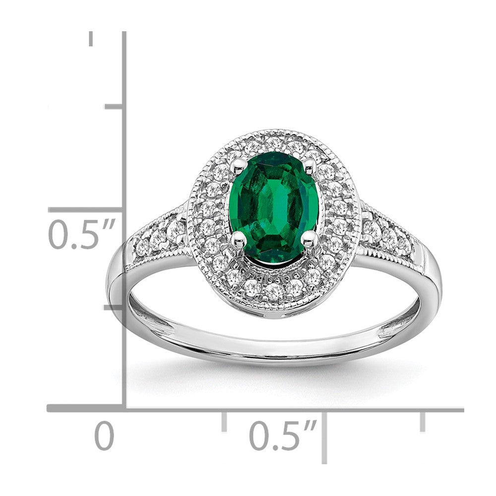 14K Weißgold Ring mit ovalem synthetischem Smaragd und echten Diamanten in Halo-Fassung