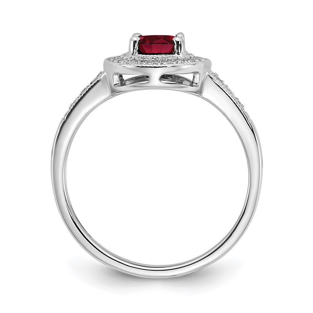 14K Weißgold Ring mit ovalem synthetischem Rubin und echten Diamanten in Halo-Fassung