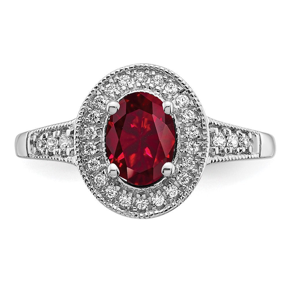 14K Weißgold Ring mit ovalem synthetischem Rubin und echten Diamanten in Halo-Fassung