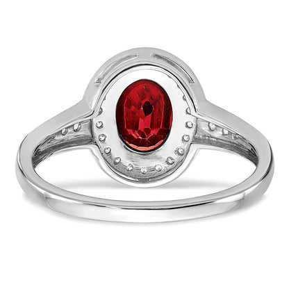14K Weißgold Ring mit ovalem synthetischem Rubin und echten Diamanten in Halo-Fassung