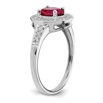 14K Weißgold Ring mit ovalem synthetischem Rubin und echten Diamanten in Halo-Fassung