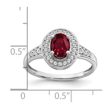 14K Weißgold Ring mit ovalem synthetischem Rubin und echten Diamanten in Halo-Fassung