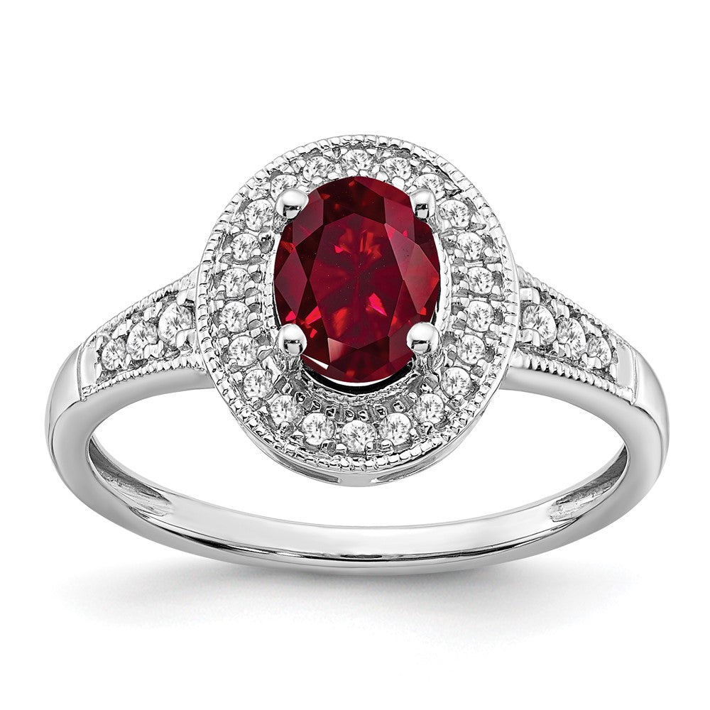 14K Weißgold Ring mit ovalem synthetischem Rubin und echten Diamanten in Halo-Fassung