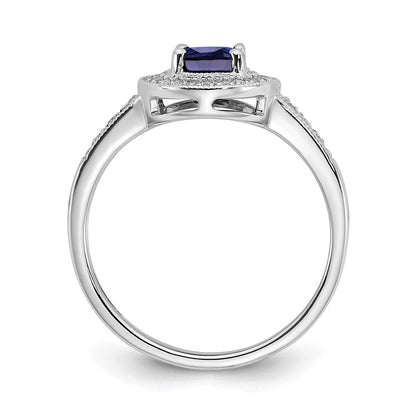14K Weißgold Ring mit ovalem synthetischem Saphir und echten Diamanten in Halo-Fassung