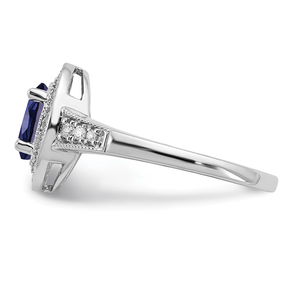 14K Weißgold Ring mit ovalem synthetischem Saphir und echten Diamanten in Halo-Fassung