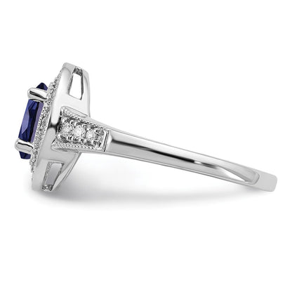 14K Weißgold Ring mit ovalem synthetischem Saphir und echten Diamanten in Halo-Fassung