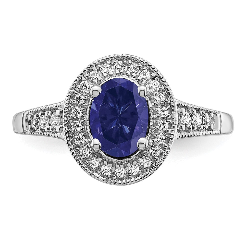 14K Weißgold Ring mit ovalem synthetischem Saphir und echten Diamanten in Halo-Fassung
